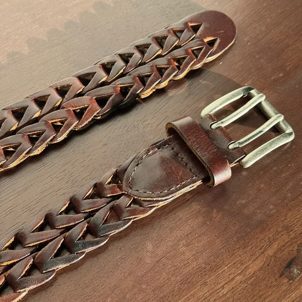 Genuine Full Grain Leather Braided Woven Belt Brown Solid Brass Buckle Size 38